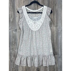 Blue Bird Blouse LARGE Crochet Trim Ruffle Hem Flutter Sleeve CottageCore Boho